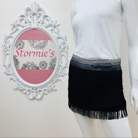 bebe / Black Sequin Fringe Mini Skirt - Picture 2 of 7